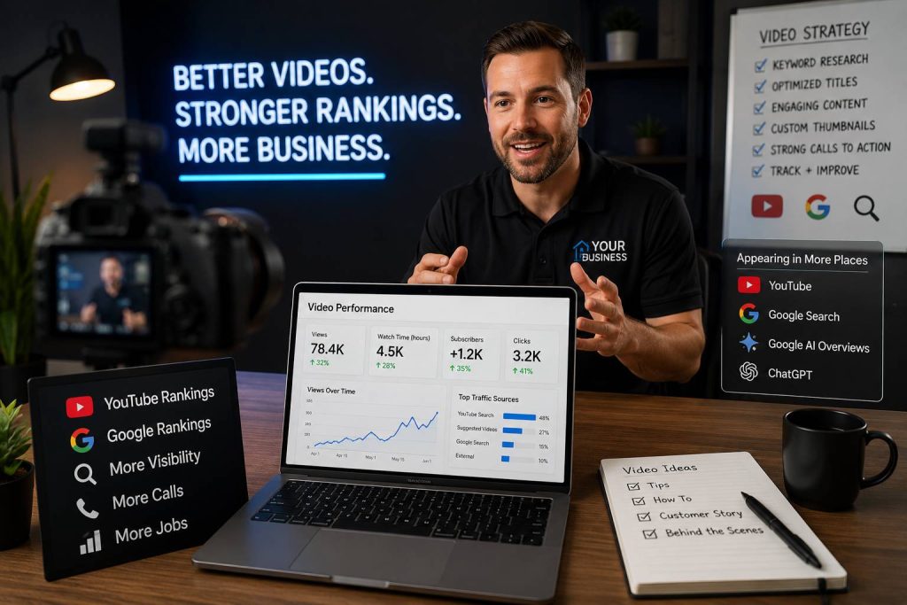 Business owner recording a marketing video with YouTube analytics, video strategy, and SEO tools demonstrating how optimized videos improve Google rankings and generate more leads.